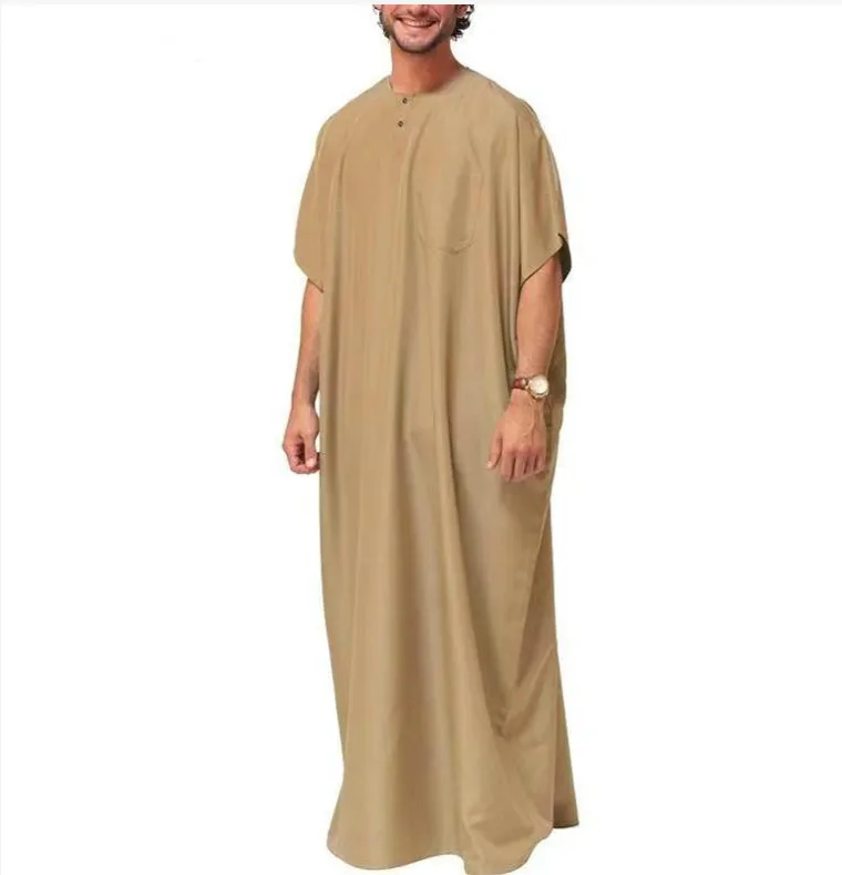 Muslim Men Jubba Thobe Short Sleeve Solid Color Breathable Robes Islamic Arabic Kaftan Men Abaya Ropas De Hombre árabe