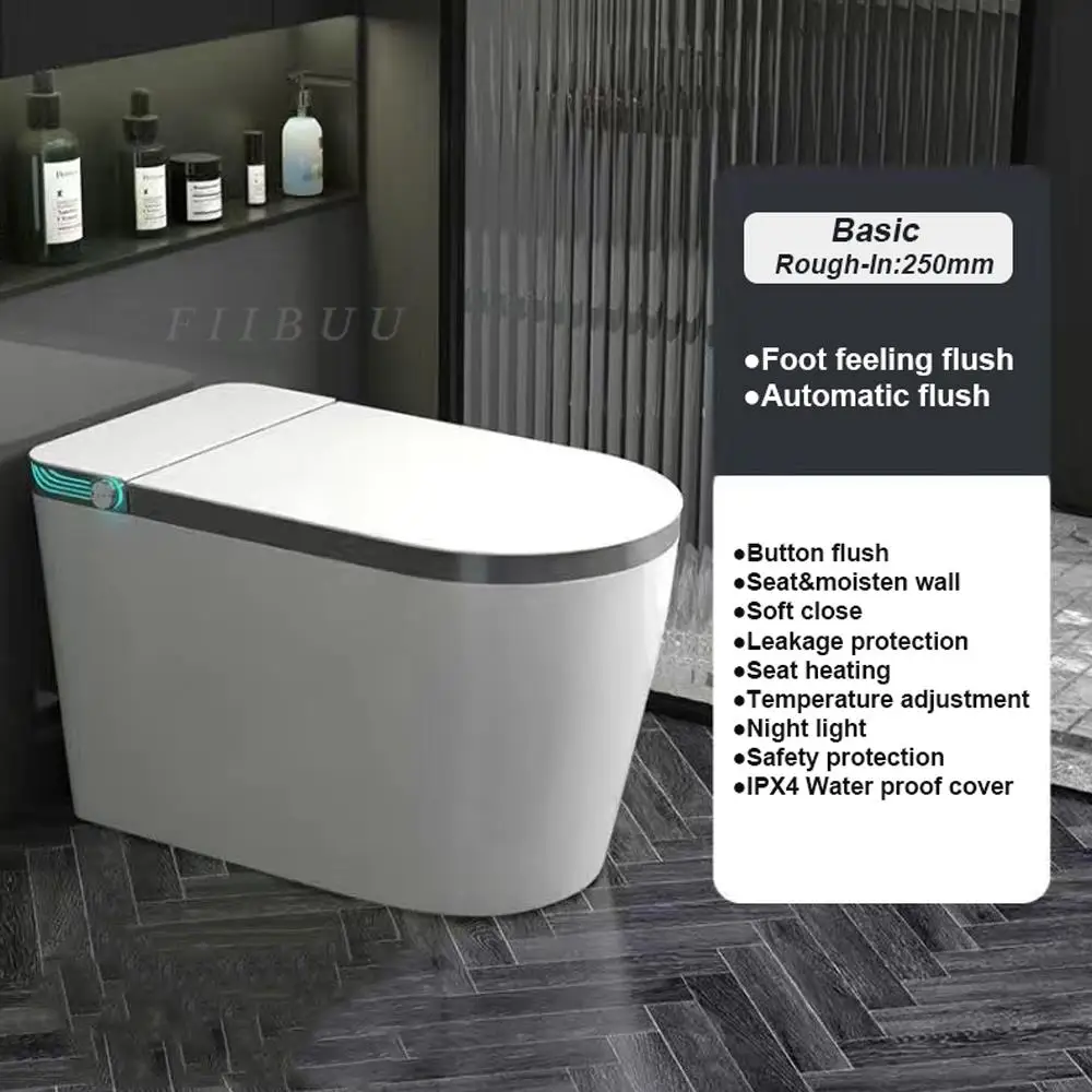 Elongated Smart Toilet Built-in Bidet Water Tank No Water Pressure Limit Multifunctional LED Display Screen Foot Sensing Toilet