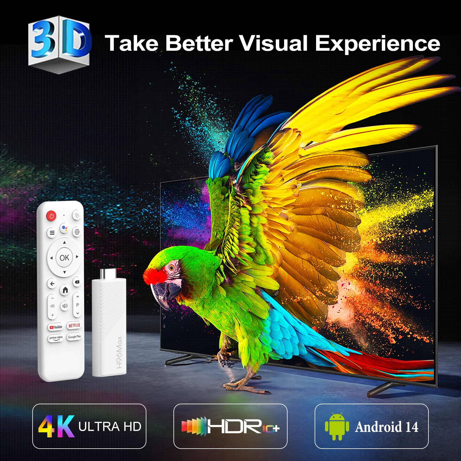 H96 Max H313 TV Stick Android 14.0 Support 4K Wifi6 BT5.0 Quad Core ARM Cortex A