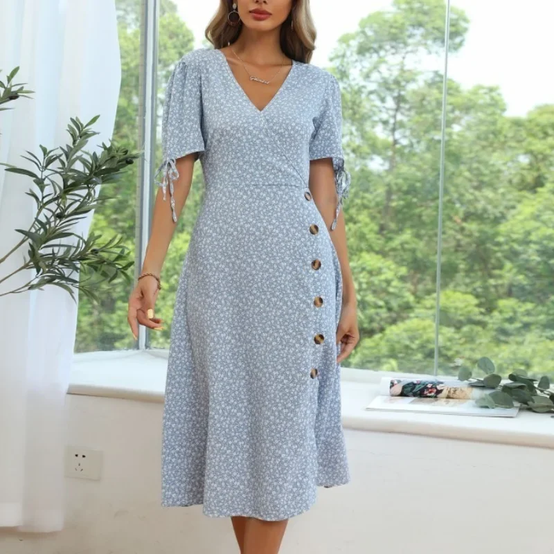 

Blue Floral V-Neck Puff Sleeve Dress Women Lace Up Split Multi-button Knee-length Dress High Waist A-Line Casual Commute Clothes