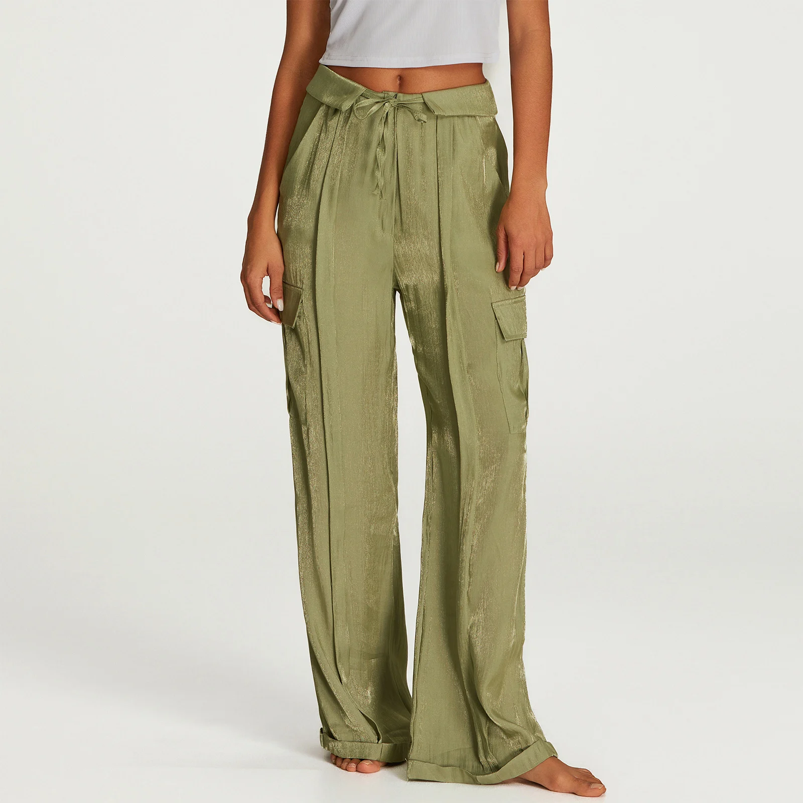 Puloru Women's Baggy Wide-Leg Pants Solid Color Mid Waist Zipper Drawstring Loose Long Trousers for Spring Summer Casual Bottoms