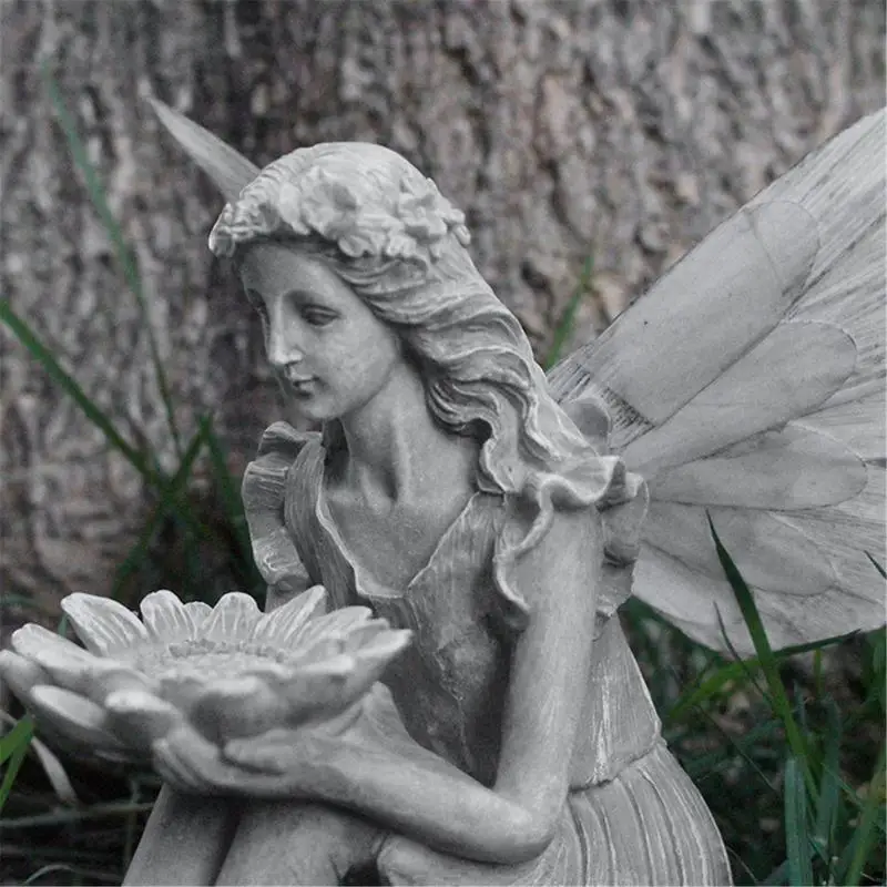 

The Angel Sculpture Sunflower Sitting Fairy Statue Realistic Figurine Garden Porch Ornaments Stone Yard Craft Landscaping Decor
