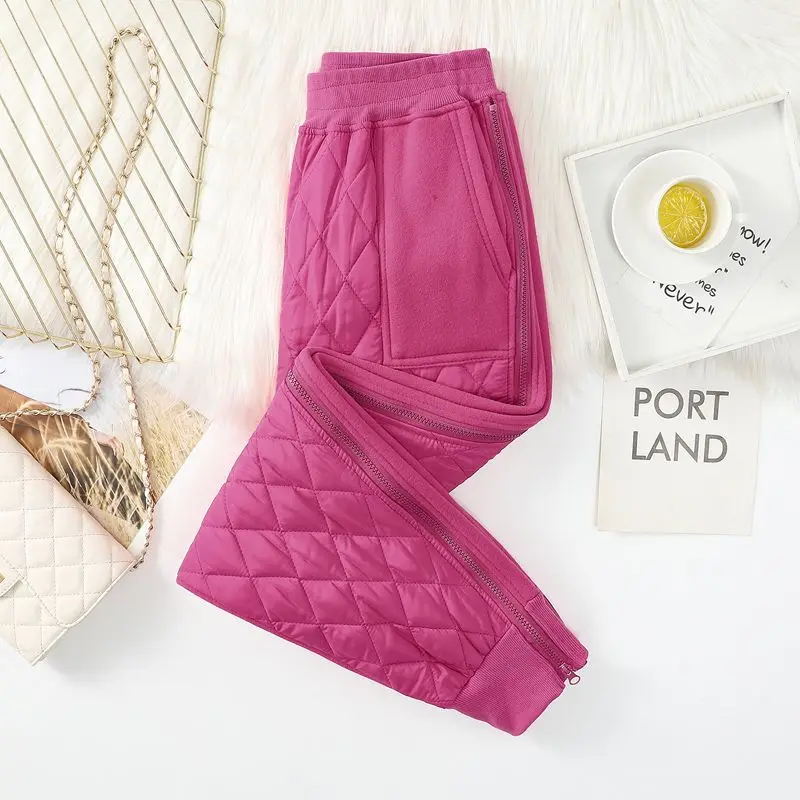 Mom's Winter New High Waist Haren Pants Commuter Fashion Zipper Splicing Fleece and Warm Comfortable Versatile Down Cotton Pants