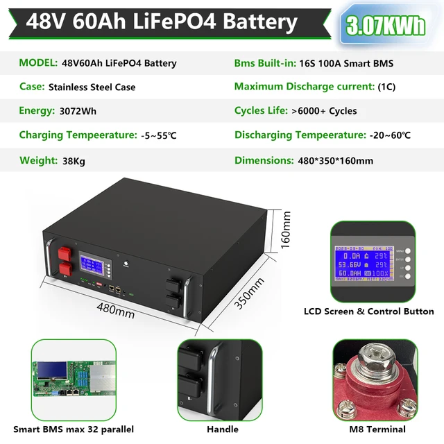 LiFePO4 48V 120Ah Battery Pack 6000 Cycle 6.14KWH 16S Smart BMS RS485 ...