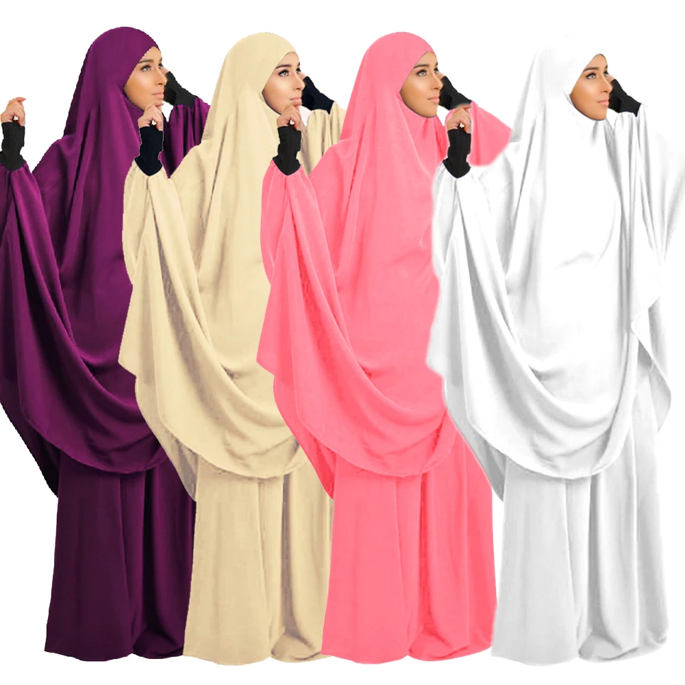 

2pcs Eid Hooded Muslim Women Hijab Dress Modest Prayer Garment Long Khimar Caftan Full Cover Niqab Burqa Abaya Gown Robe Ramadan