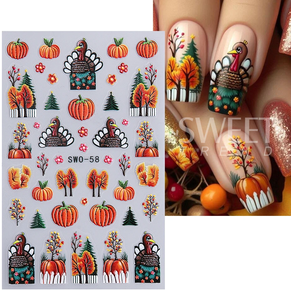 2pcs Cartoon Autumn Pumpkin Nail Stickers 3D Maple Leaf Squirrel Mushroom Adhesive Nail Decals Sliders DIY Manicure Decoration