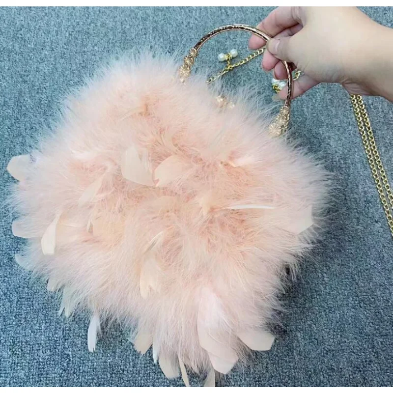 2022 Luxury Ostrich Feather Party Evening Clutch Bag Women Wedding Purses and Handbags Small Shoulder Chain Bag Designer Bag