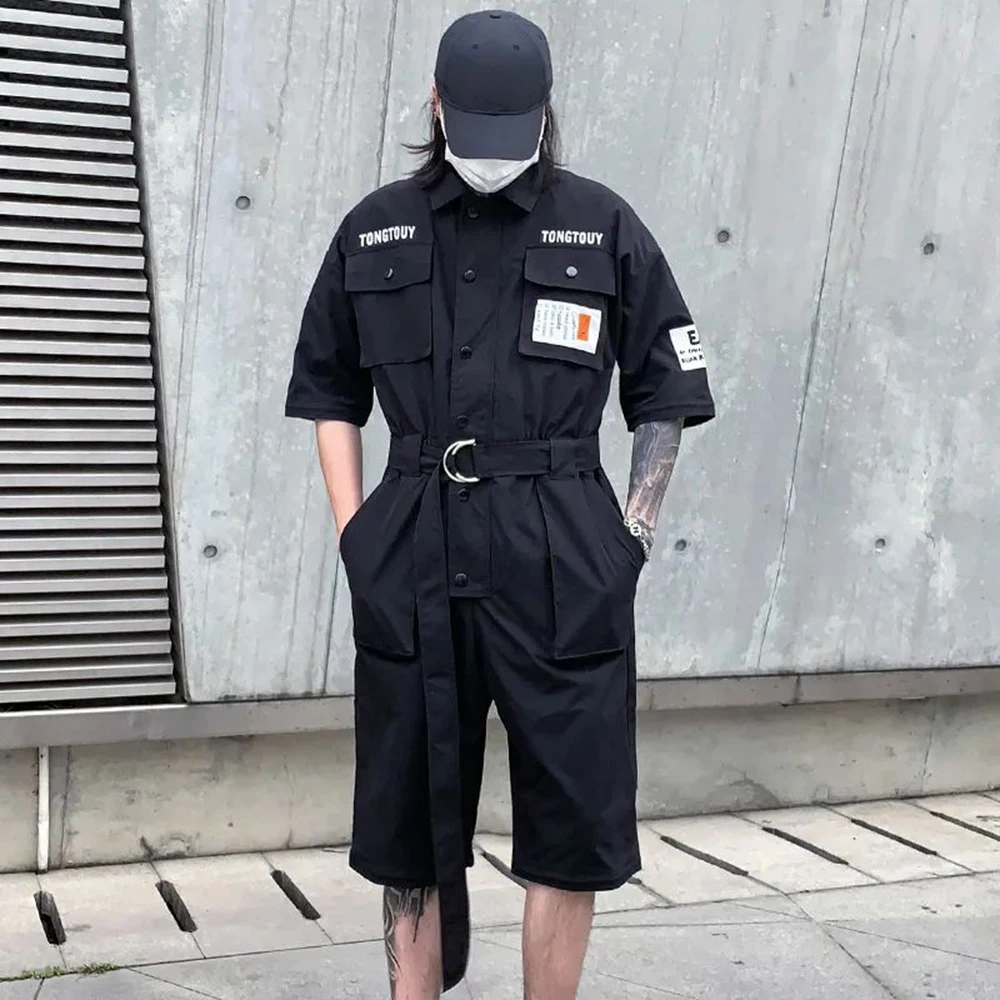 2023 Autumn Street Short Sleeve American Jumpsuit Men's Jumpsuit Suit Motorcycle Removable Pants Hip-Hop Leg Pants