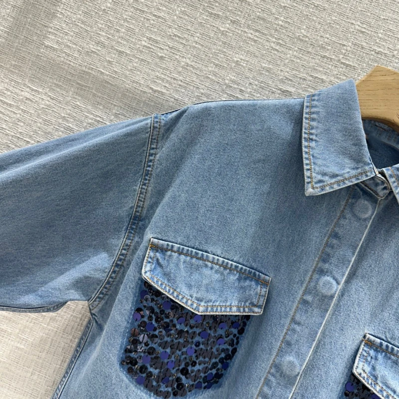 여성용 루즈핏 스팽글 포켓 데님 셔츠 베이스 셔츠, 중간 길이, 스트리트 스타일, 패셔너블한 캐주얼