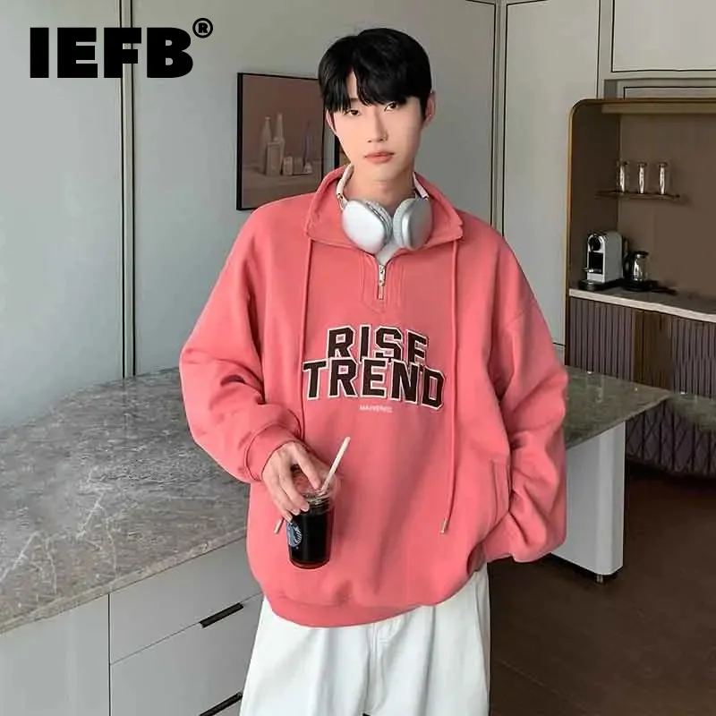

IEFB Men's Sweatshirts Zipper Half High Neck Hoodies Loose Casual Versatile Letter Embroidered Pullover Tops Fashion New 9C2988