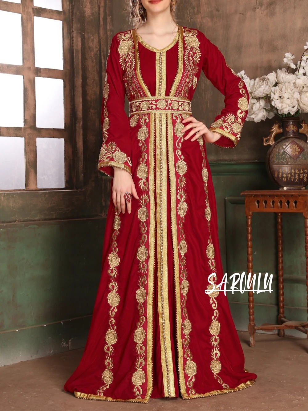 

Takchita Kaftan Islamic Gold Appliques Evening Dresses For Women A-line Bridal Dress Classic Floor-length Gown Robe De Mariée