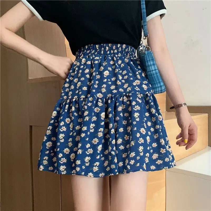 Fashion Floral A-line Skirt Summer New Elastic Waist Printing Loose All-match Mini Dress Korean Casual Women Clothing