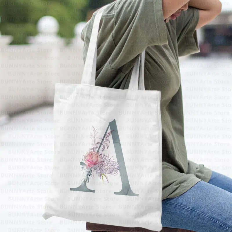 Silver 26 Letters Aesthetics Portable Bag School Tote Bags Marry Canvas Bags Women's Bags on Offer Shopping Bags for Groceries