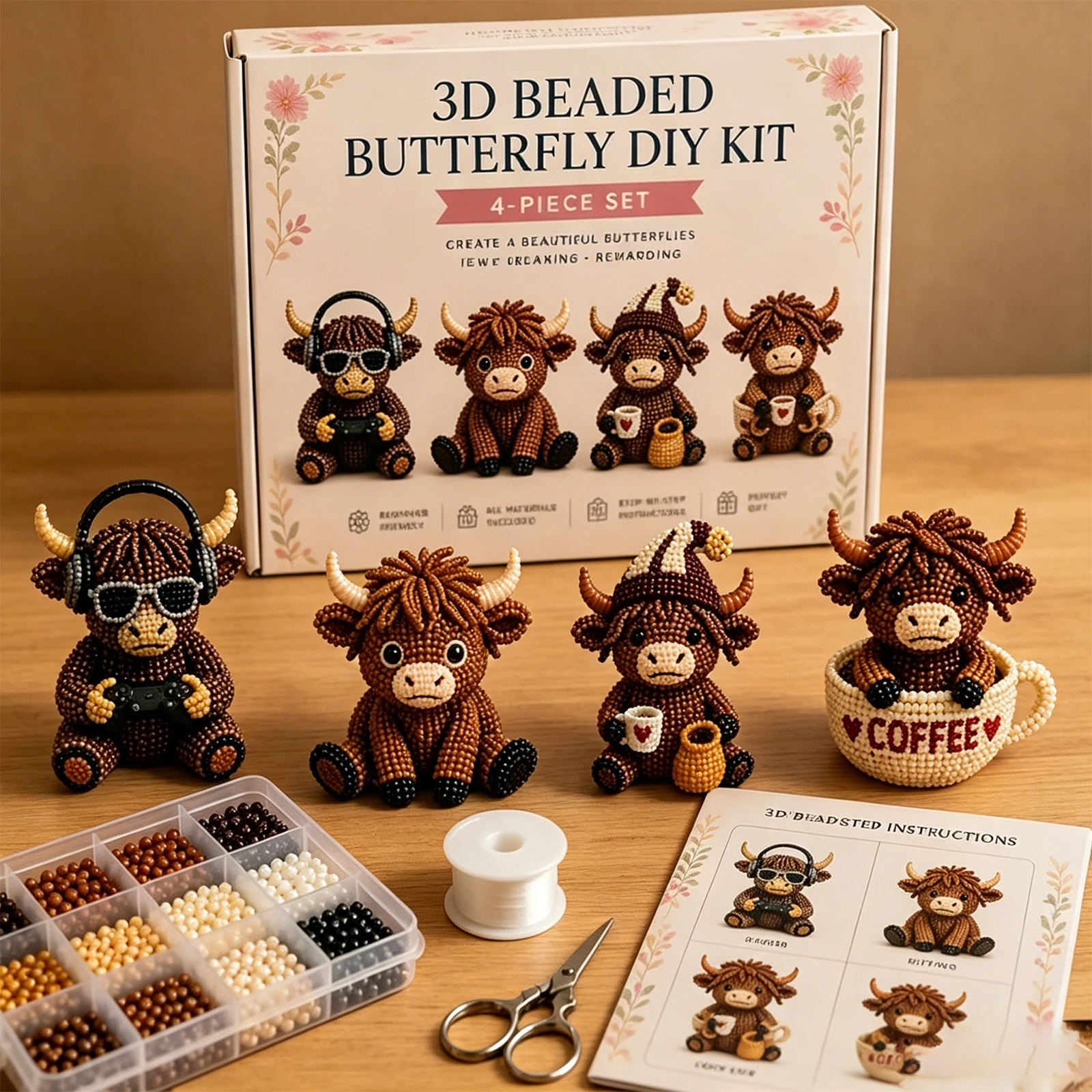 3D DIY 비즈 동물 만들기 키트 4개 귀여운 하이랜드 소 수제 비즈 아트 키트 비딩 아트 세트 초보자 및 공예 애호가용