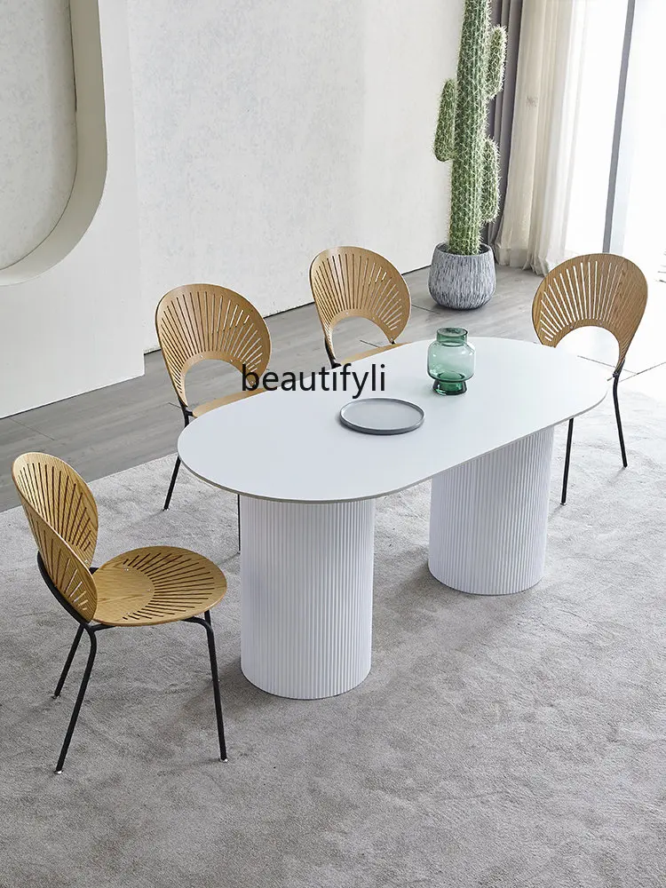 

Cream Style Stone Plate Dining Tables and Chairs Set Small Apartment Light Luxury Oval Dining Table Pure White Table