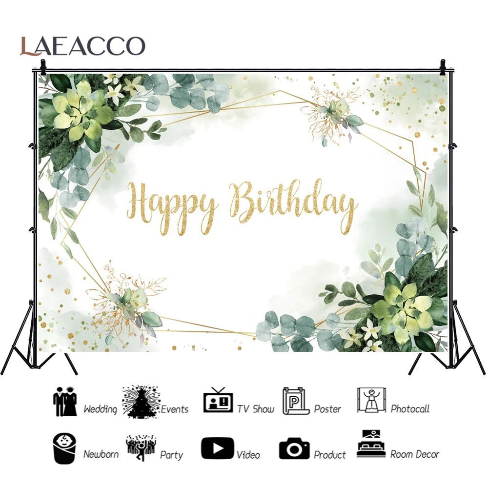 Laeacco Vinyl Happy Birthday Backdrop For Photography Gold Frame Pink Pampas Grass Flowers Baby Shower Photo Background photo backdrop