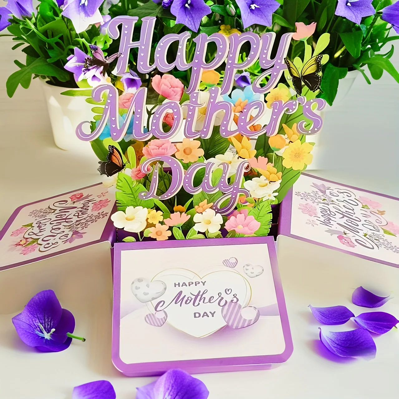 1pc 3D Pop-Up Mother's Day Father&rsquo;s Day Card with Envelope Laser-Cut Purple Floral Design Heartfelt Gift for Mom father