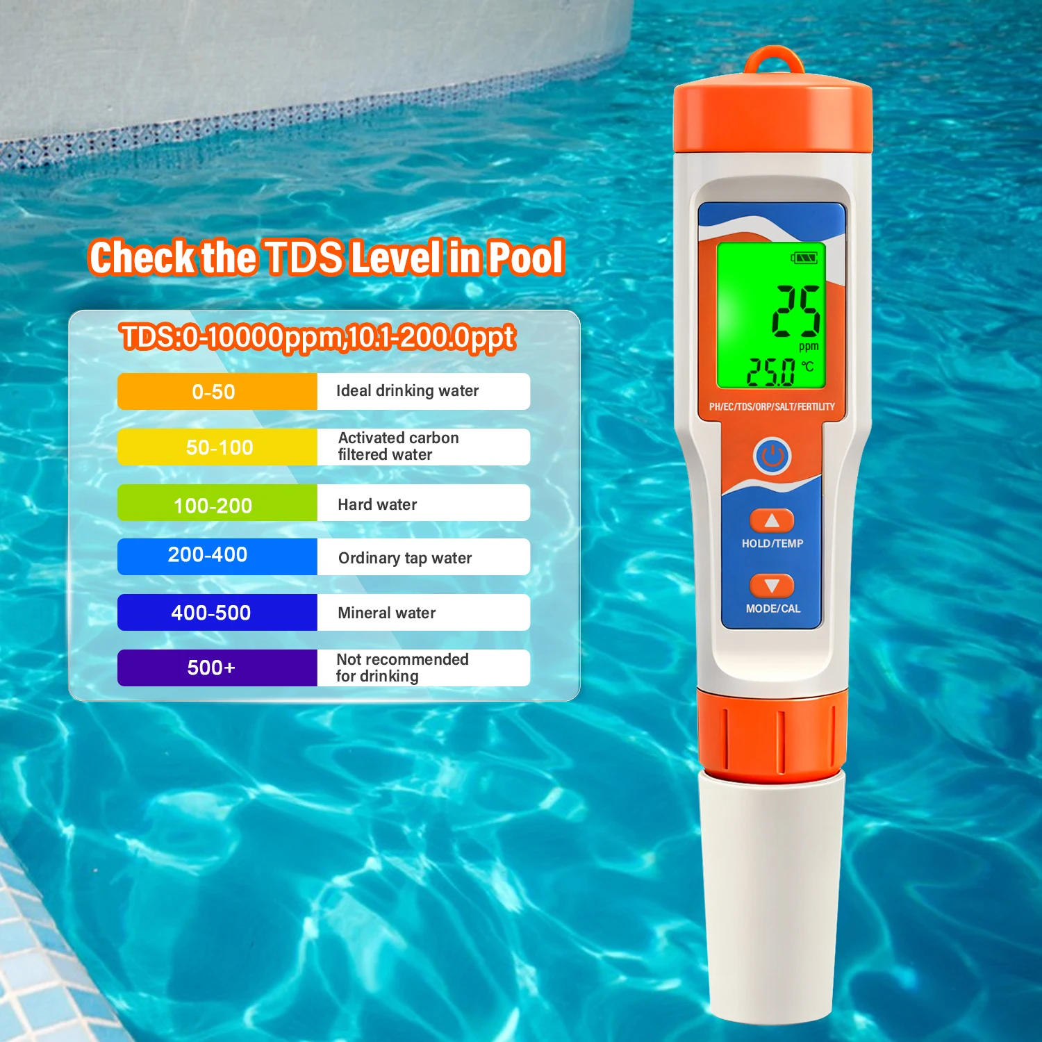 7-in-1 Pool Water Tester Digital Water Quality Meter for Swimming Pool SPA pH/OR