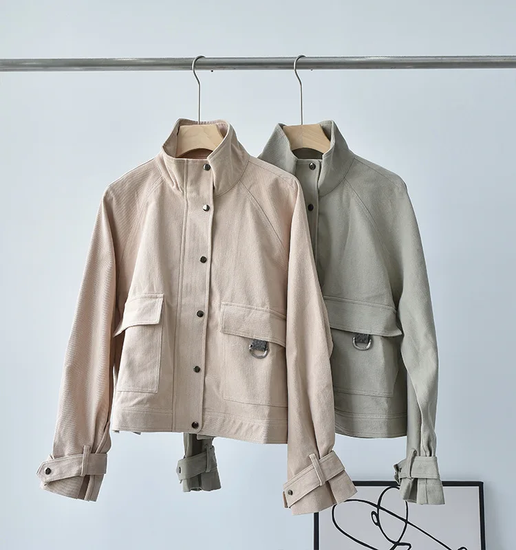 

Women'S Jacket Autumn New Cotton Jacket Stand-Up Collar Fashionable Bead Chain Loose Tooling Motorcycle Jacket Short Coat Female