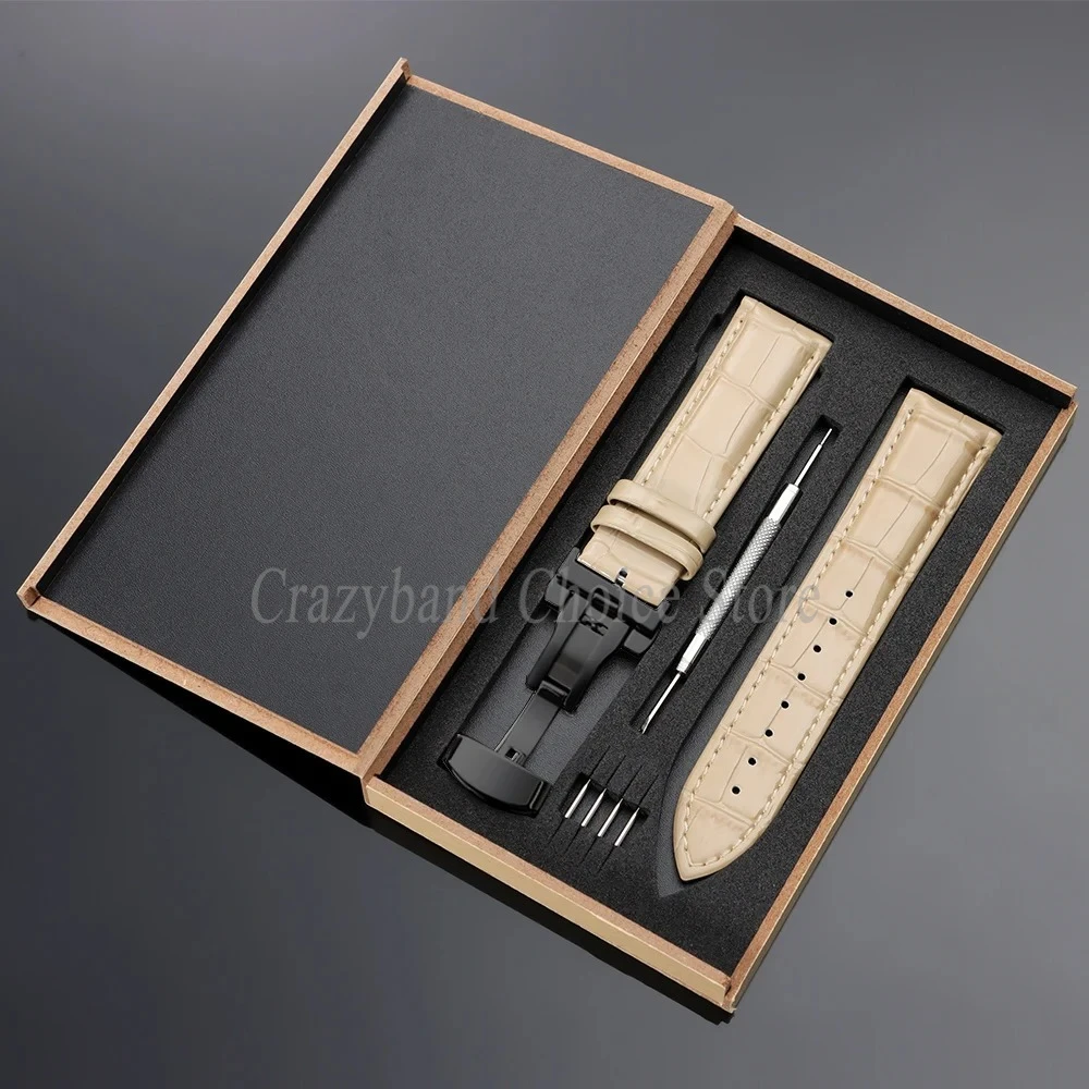 Elegant Leather Watch Strap with Metal Butterfly Clasp and Wooden Box (14mm-22mm)