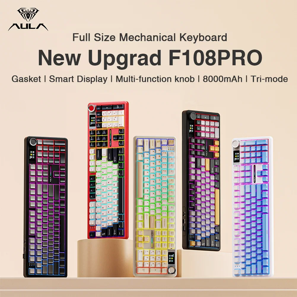 Clavier Gaming Sans Fil AULA F108pro – Full Size, Écran TFT, Bluetooth, Macro & Gasket 1
