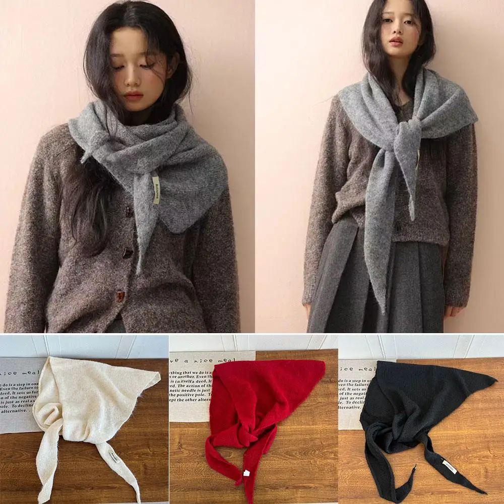 Large Wool Triangle Scarf Shawl Korean Knitted Triangular Scarf Women's Winter Thickened Warm Headscarf Shawl Solid Neckerchief