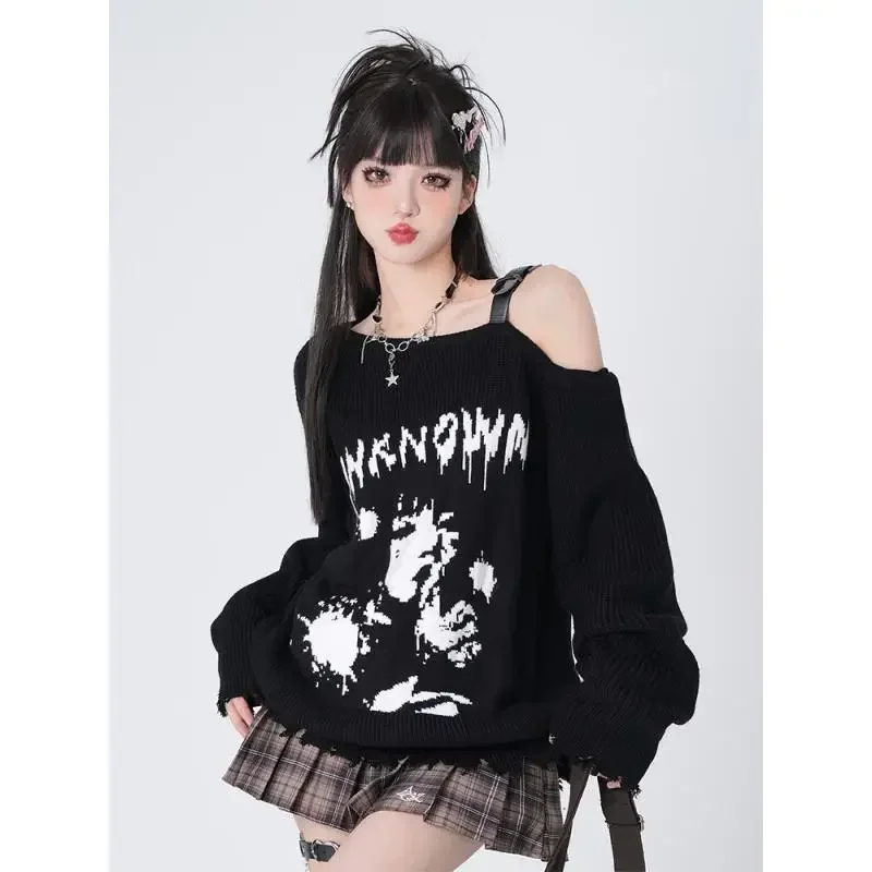 

Tokyo Manga Lazy Black Sweater College Style One Shoulder Long Sleeve Sweater Off Shoulder Black Gray Harajuku Kawaii