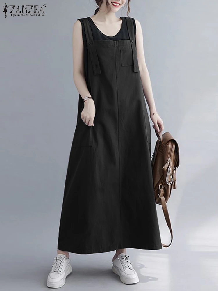 ZANZEA 여성 민소매 맥시 드레스 패션 작업복 포켓 Vestidos 2023 여름 조절 가능한 어깨 스트랩 드레스 streetwear