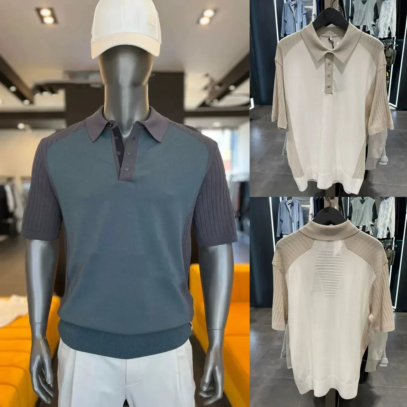 

24 New Original Korean Men's Spring/Summer Polo Neck Cool Color Block Versatile Knitwear Short Sleeves