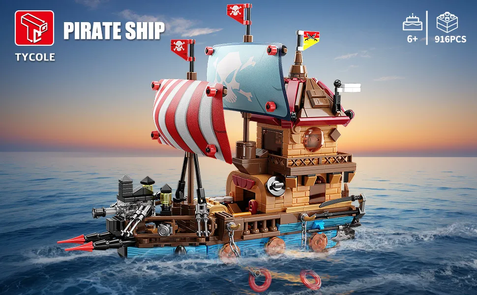 916-teiliges Cartoon-Piratenschiff-Bausteinset, Fantasy-Abenteuer-Modell mit LED-Beleuchtung, DIY-Montage-Spielzeug für Erwachsene, ideales Geburtstags- und Feiertagsgeschenk, Heim- und Bürodekoration, Sammlerstück, Ausstellungsstück – Detail 1
