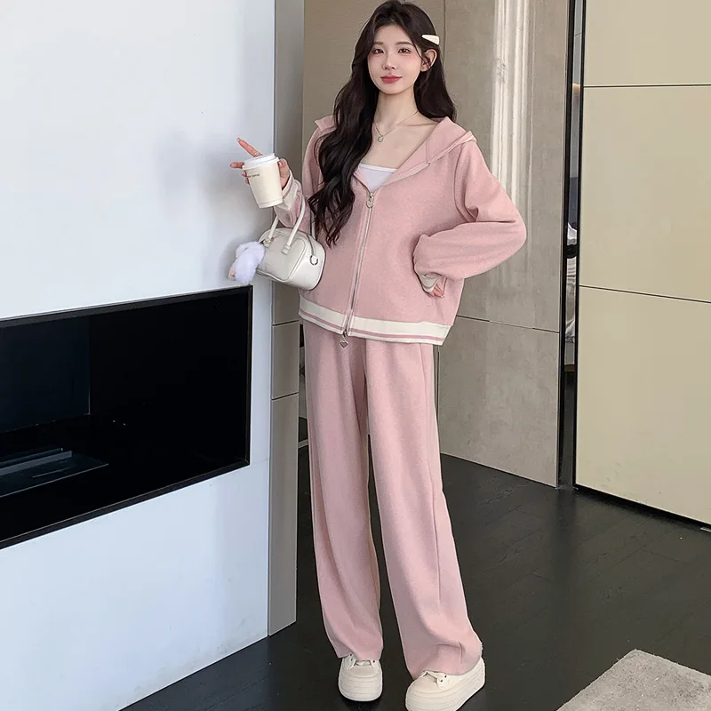 봄 컬렉션 루즈핏 한국 스타일 임산부 세트 후드 가디건 와이드 레그 팬츠 투피스 코튼 앙상블