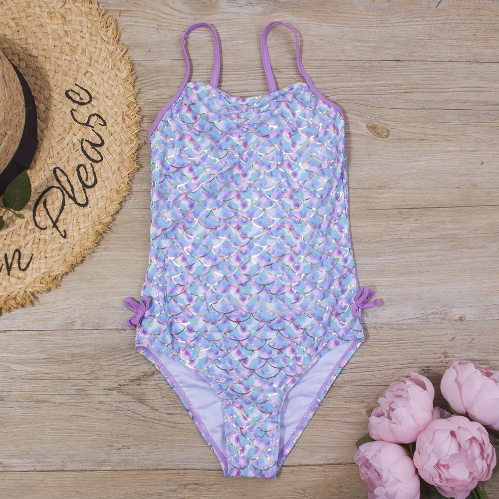 

2021 purple fish scale printed Mermaid one-piece swimsuit girls Swimsuit NEW 223