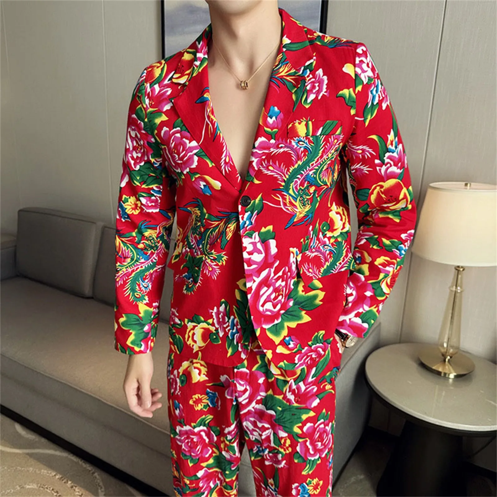 Mens Long Sleeve Button Floral Printed Suit Coat, Men's V-Neck Single Button Red Nostalgic Style Long Sleeve Coat