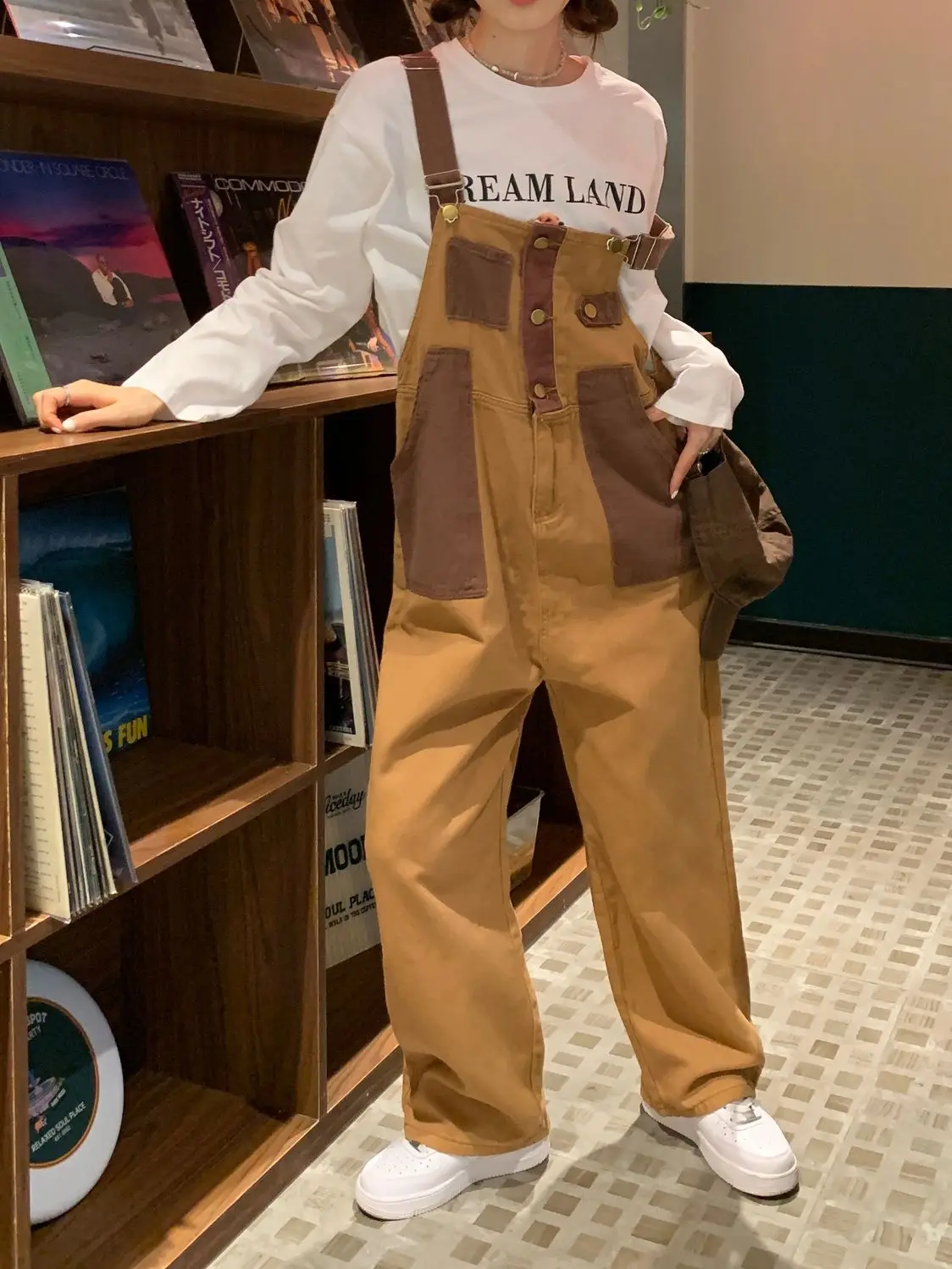 Overalls Cowboy Colorblock Design With Multiple Pockets Retro Casual Pants College Style Loose Brown Color Overalls Salopettes