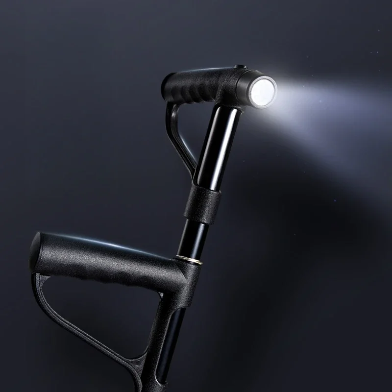 Elderly Walking Cane, Four-Legged Adjustable Stick, Anti-Slip Base with LED Light, Portable Walking Aid for Seniors
