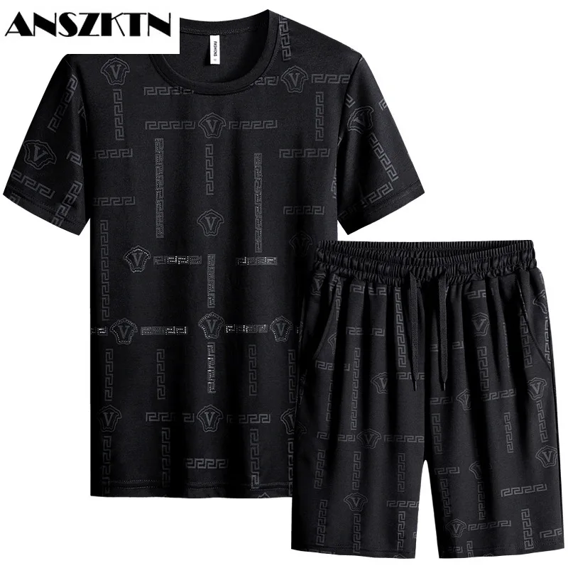 

ANSZKTN 2022 New summer round collar printed hot drill casual sports suit thin short sleeve shorts men's two-piece set