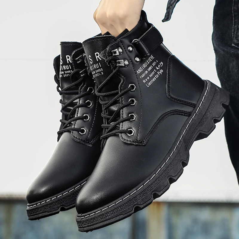 Waterproof Men's Boots Fashion Platform Male Ankle Boots Lace-up Leather Men Boots Outdoor PU Winter Shoes Round Toe Shoes 2023