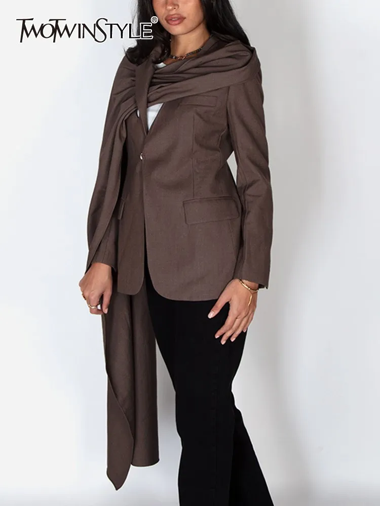 

TWOTWINSTYLE Solid Asymmetrical Designer Blazer For Women Scarf Collar Long Sleeve Spliced Pocket Casual Blazers Female Fashion