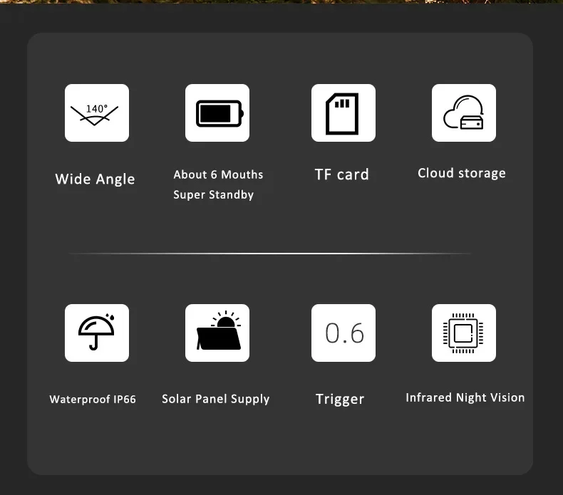 2560x1440 4G Solar Trail Camera, A solar-powered trail camera with night vision and motion detection for hunting.
