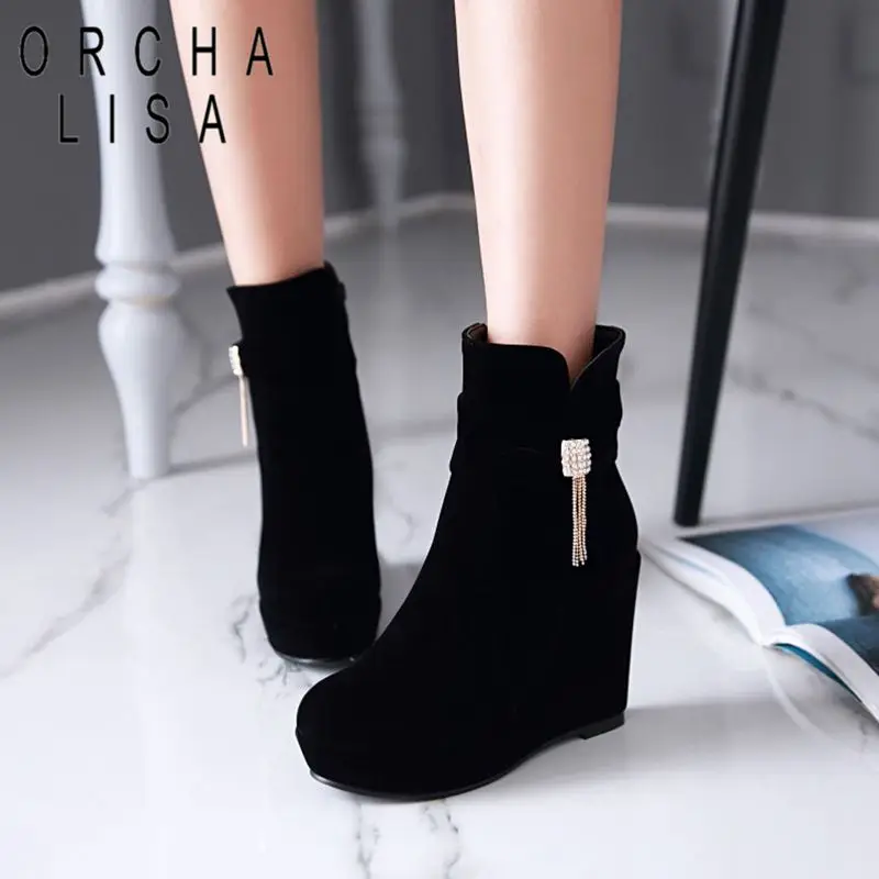 

ORCHA LISA Sexy Red Women Ankle Boots Round Toe Wedges High Heel 11cm Flock Suede Big Size 42 43 Pendant Female Wedding Booties