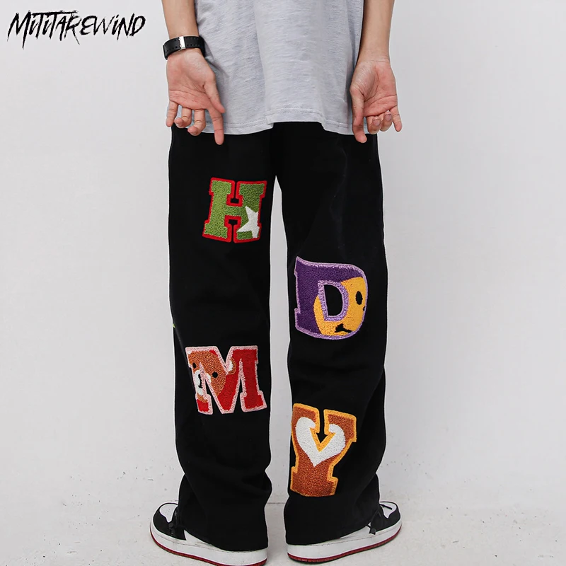 

High Street Towel Embroidered Letter Casual Sweatpants Men Streetwear Loose Straight-leg Pants Elastic Waist Drawstring Trousers