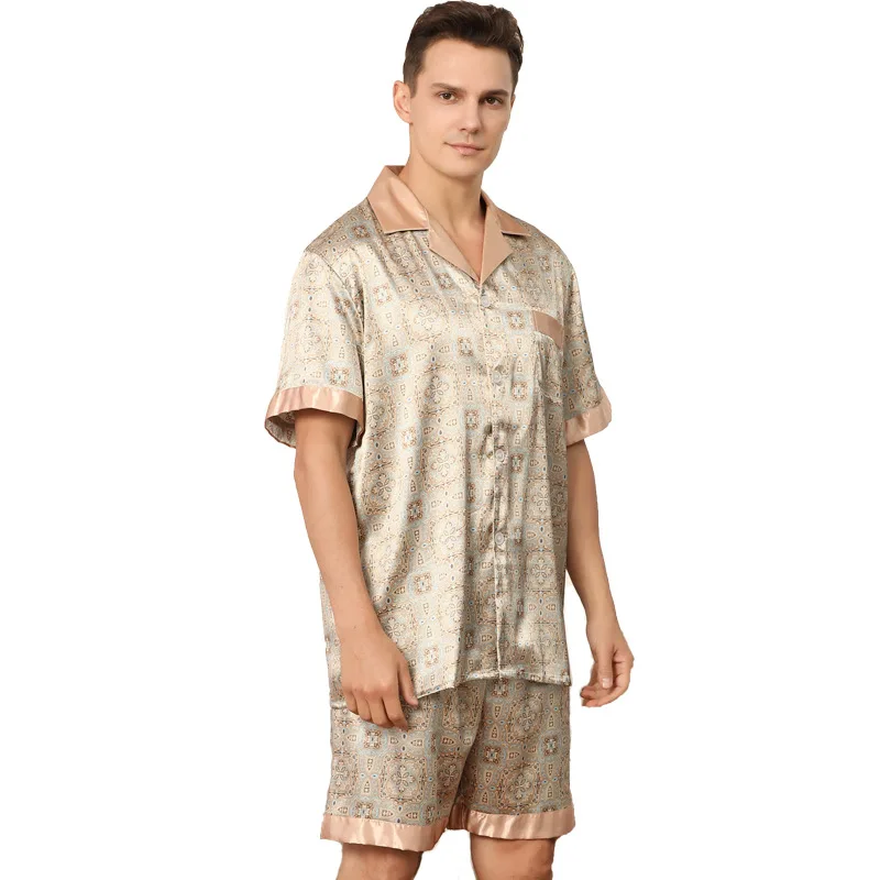 

Summer Men Pajamas And Shorts Set Turn-down Collar Long Sleeve Sleepwear Leisure Satin Pyjama Pijamas Home Wear