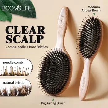 Spazzola per capelli con setole di cinghiale Pettini in legno per le donne Spazzola per massaggio del cuoio capelluto Spazzola per capelli districante Spazzola per capelli in legno di quercia Pettine da barbiere per capelli 1
