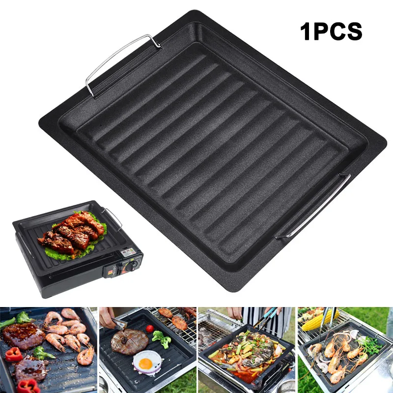 12" Portable BBQ Grill Pan Charcoal Grill Non Sticky Griddle Durable Iron Barbecue Frying Pan For Outdoor Camping Picnic Cooking