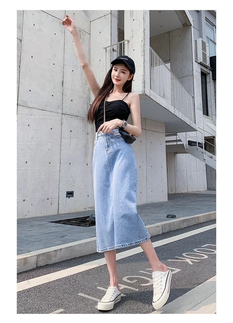 Korean Fashion Temperament Light Blue Denim Skirt 2022 Summer Women'S New High Waist Thin Wrap Hip A-Word Medium Length Skirt purple skirt