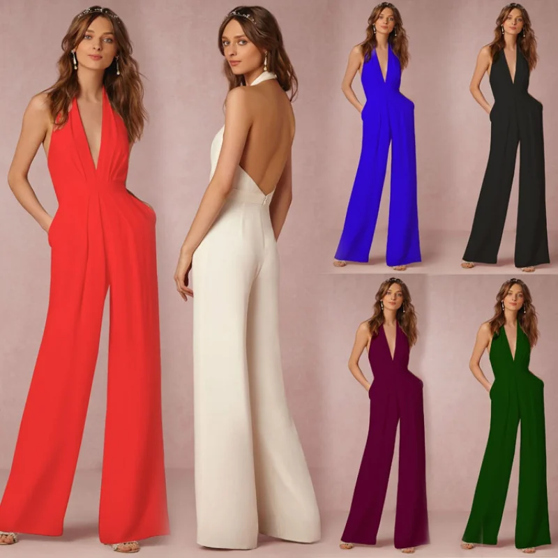 

Summer New Casual Jumpsuit Sexy Sleeveless Halter Jumpsuit Dress