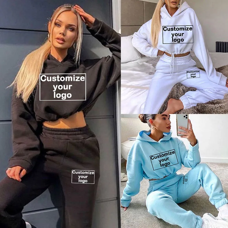 Women's new solid color sportswear hoodie and sports pants customize your logo casual sports two-piece set of sportswear