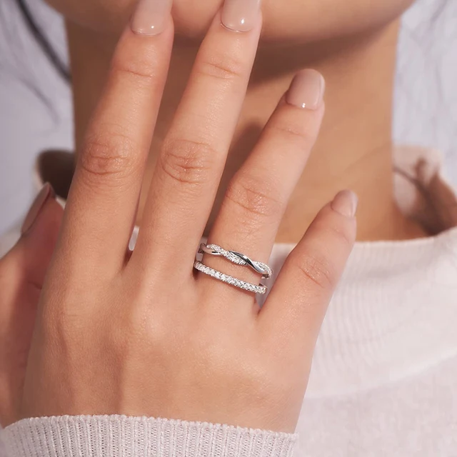 WOSTU Wedding Band Rings for Women 925 Sterling Silver AAA Zircon Stackable Engagement Crossed Rings Simple Jewelry Party Gift