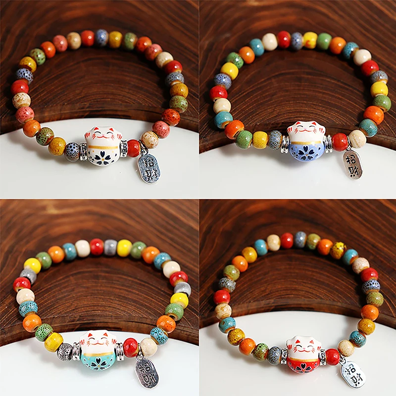 Cute Lucky Cat Bracelet For Women Girls Adjustable Colorful Beaded Bracelets Chinese Style Ceramics Cat Pendant Bracelet Jewelry 4
