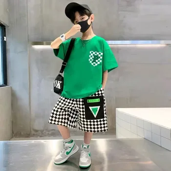 Fashion Boys Clothing Set Summer Teenage Short Sleeve Clothes Suit Letter T-shirt Plaid Shorts 2Pcs Children Loungewear Outfits 5